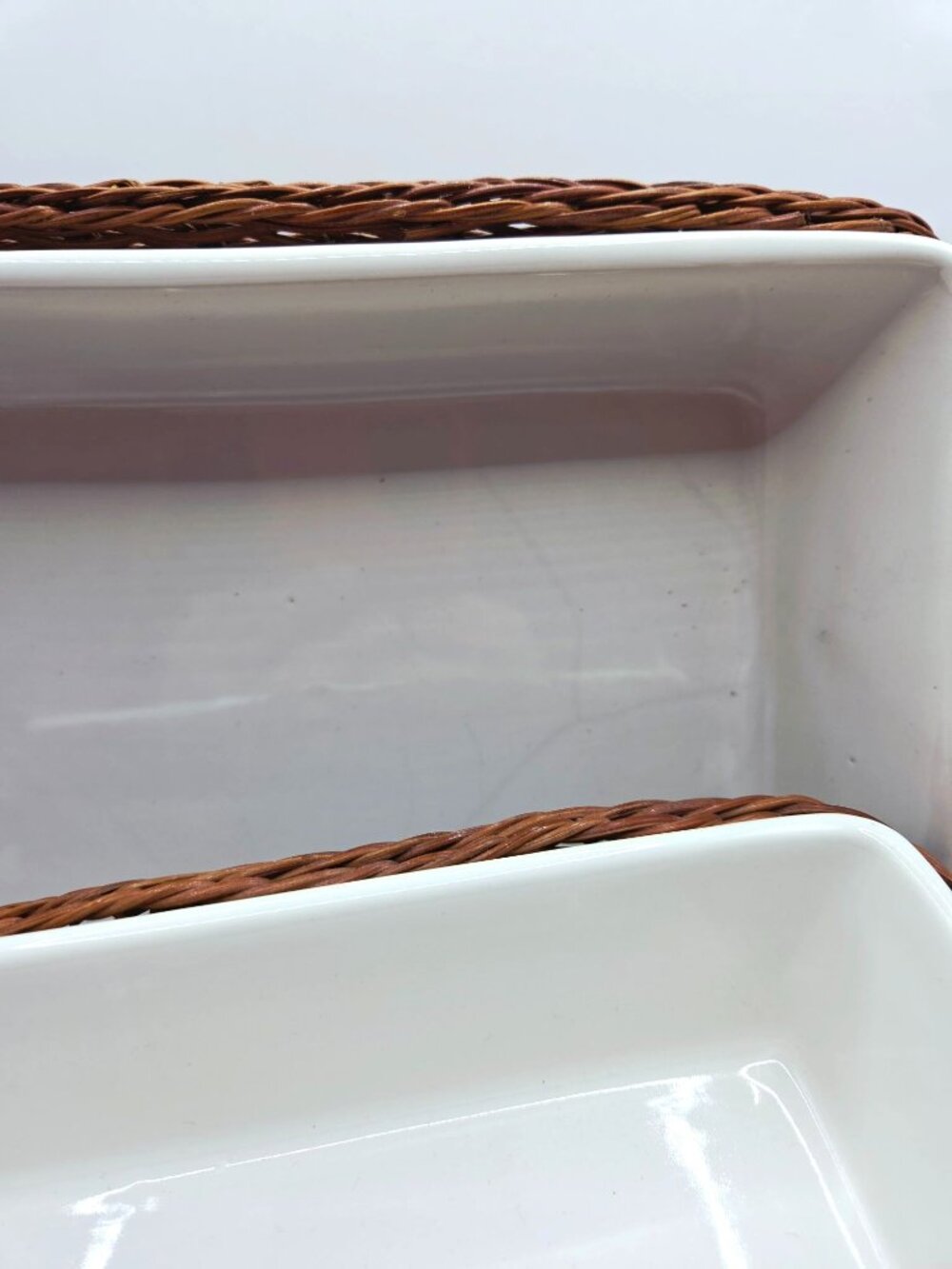 Temp-Tations Ceramic Serving Dishes Wicker Baskets Set Of 2 Rustic Brown White - Picture 5 of 14